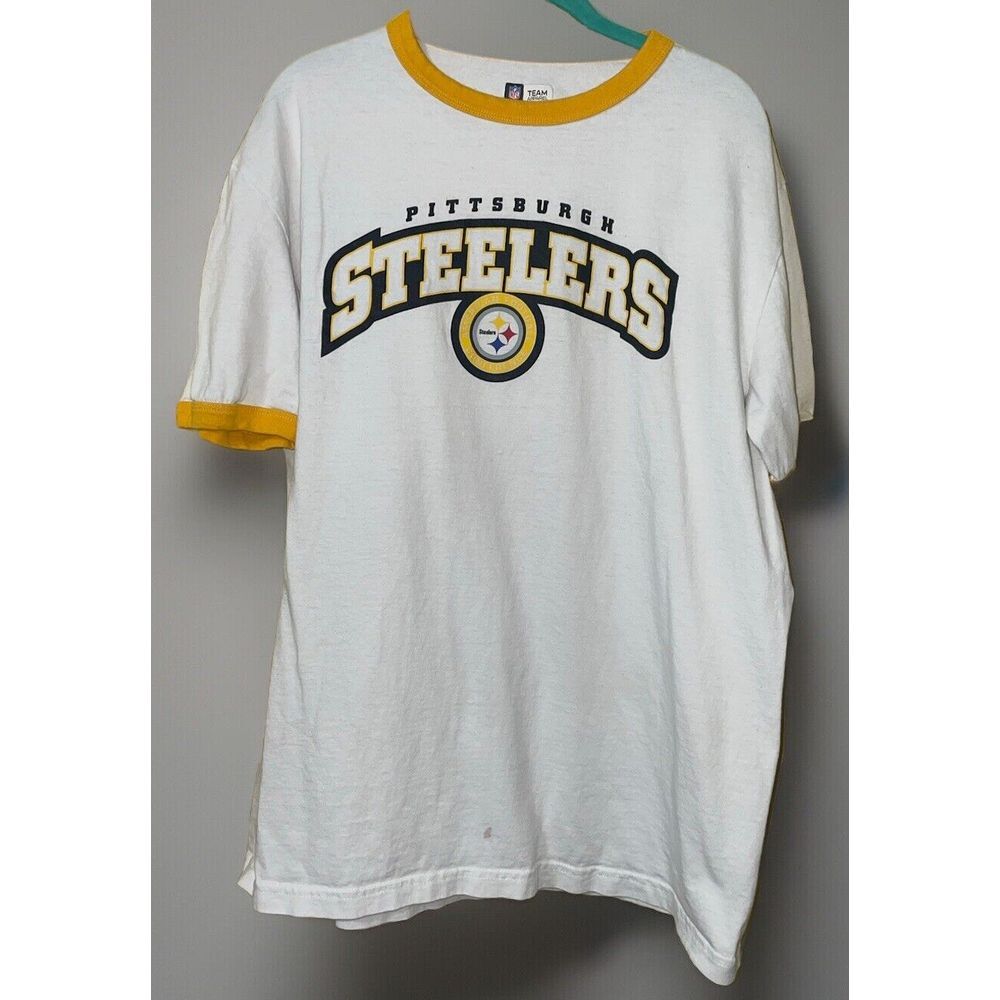 VTG✨Pittsburgh Steelers NFL Team Apparel White Gold Short Sleeve‎ Shirt Size L
